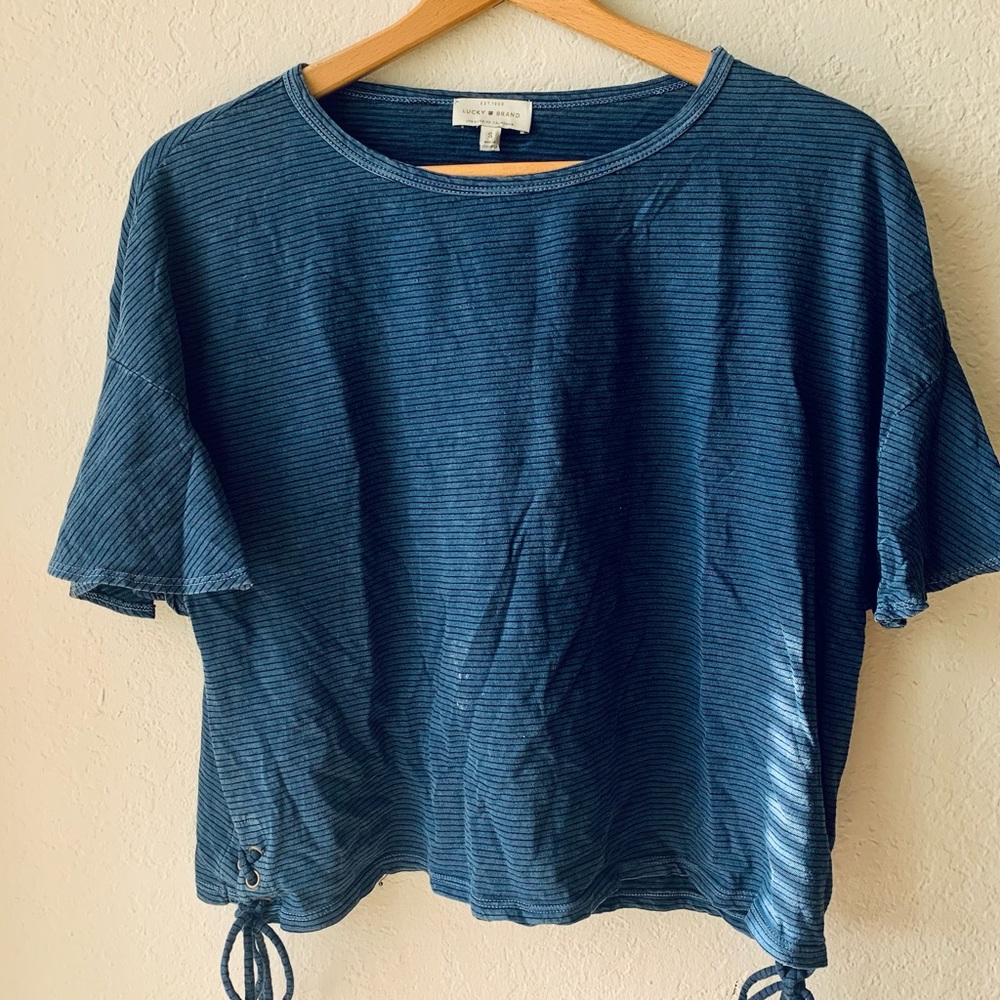 Lucky Brand Blue Striped Crop Short Sleeve Top - Picture 2 of 4